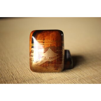 北浜宗貴 浮御堂蒔絵 文庫形 黒柿香合 共箱　Q290 