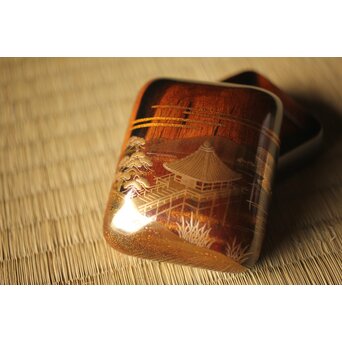 北浜宗貴 浮御堂蒔絵 文庫形 黒柿香合 共箱　Q290 