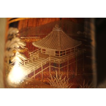 北浜宗貴 浮御堂蒔絵 文庫形 黒柿香合 共箱　Q290 