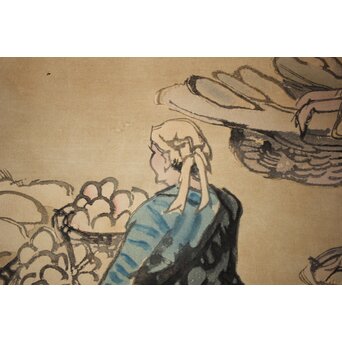 石川寅治 木版画【琉球の市場】額装　Z277 