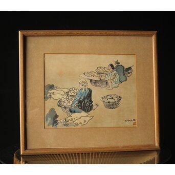 石川寅治 木版画【琉球の市場】額装　Z277 