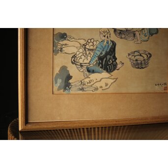 石川寅治 木版画【琉球の市場】額装　Z277 