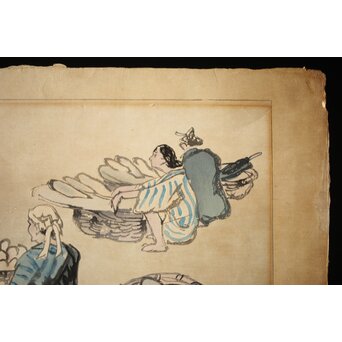 石川寅治 木版画【琉球の市場】額装　Z277 