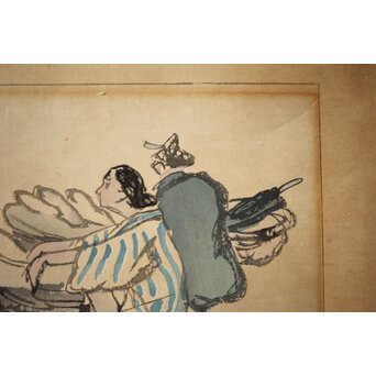 石川寅治 木版画【琉球の市場】額装　Z277 