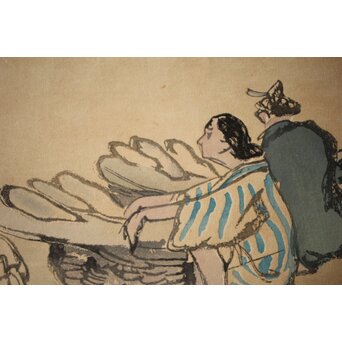 石川寅治 木版画【琉球の市場】額装　Z277 