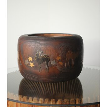 鹿と灯籠の蒔絵桐火鉢　Q292 