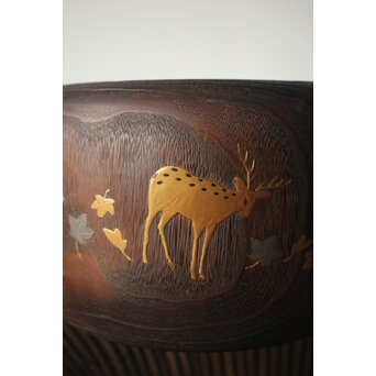 鹿と灯籠の蒔絵桐火鉢　Q292 