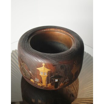 鹿と灯籠の蒔絵桐火鉢　Q292 