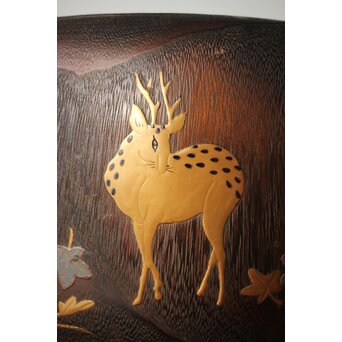 鹿と灯籠の蒔絵桐火鉢　Q292 