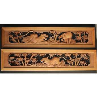 在銘 竹虎木彫欄間 2枚1組　R0143Y