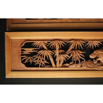 在銘 竹虎木彫欄間 2枚1組　R0143Y 