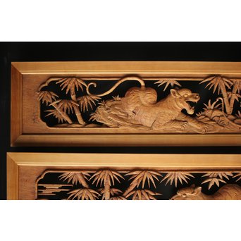 在銘 竹虎木彫欄間 2枚1組　R0143Y 