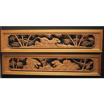 在銘 竹虎木彫欄間 2枚1組　R0143Y 