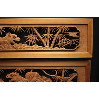 在銘 竹虎木彫欄間 2枚1組　R0143Y 