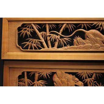 在銘 竹虎木彫欄間 2枚1組　R0143Y 