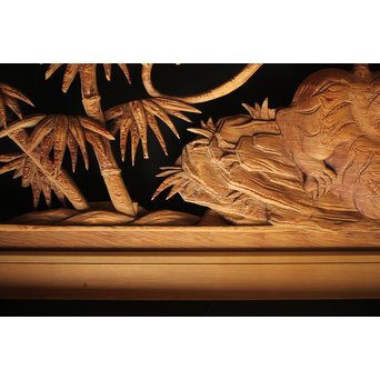 在銘 竹虎木彫欄間 2枚1組　R0143Y 