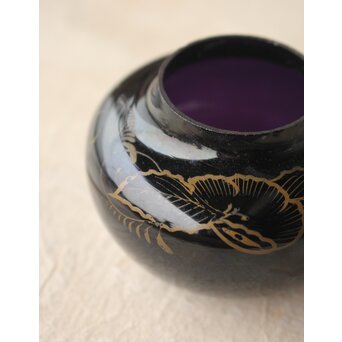 紫江戸ガラス 金泥絵茶入/盃台　Y033 