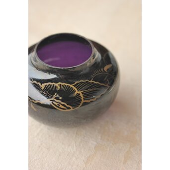 紫江戸ガラス 金泥絵茶入/盃台　Y033 