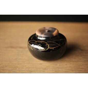 紫江戸ガラス 金泥絵茶入/盃台　Y033 