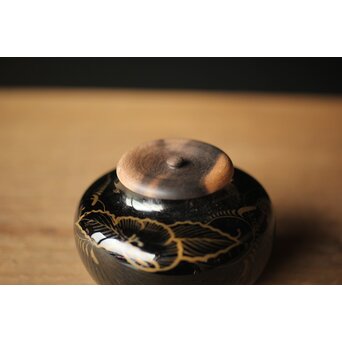 紫江戸ガラス 金泥絵茶入/盃台　Y033 