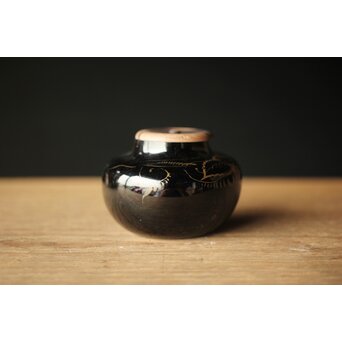 紫江戸ガラス 金泥絵茶入/盃台　Y033 