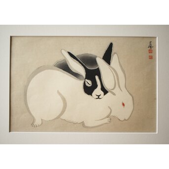 井元荻浦 木版画 兎 版権 土井英一　Z283 