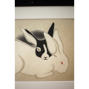 井元荻浦 木版画 兎 版権 土井英一　Z283 