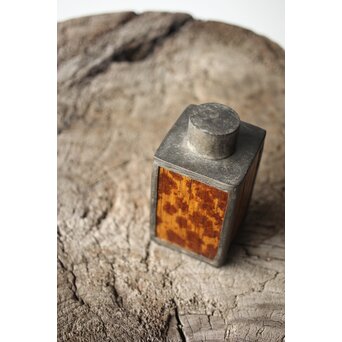 唐物 錫製四方茶壺 紅斑/斑竹貼 光緒年製底款　M308 