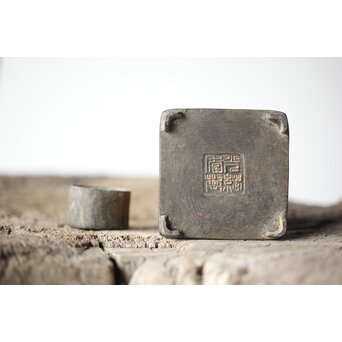 唐物 錫製四方茶壺 紅斑/斑竹貼 光緒年製底款　M308 