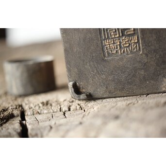 唐物 錫製四方茶壺 紅斑/斑竹貼 光緒年製底款　M308 