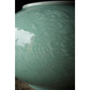 二代 宮川香山/真葛香山 清朝磁器 青磁雲龍文壷写し 龍文浮彫青磁花瓶　P333 