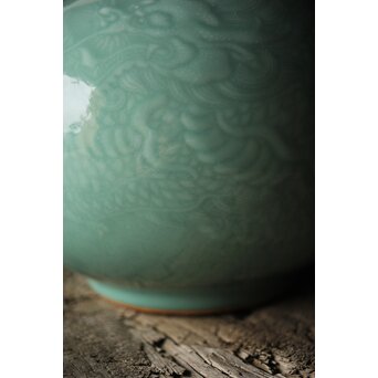 二代 宮川香山/真葛香山 清朝磁器 青磁雲龍文壷写し 龍文浮彫青磁花瓶　P333 