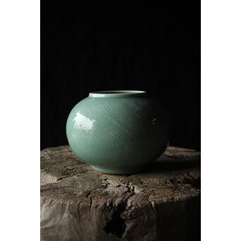 二代 宮川香山/真葛香山 清朝磁器 青磁雲龍文壷写し 龍文浮彫青磁花瓶　P333 