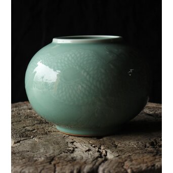 二代 宮川香山/真葛香山 清朝磁器 青磁雲龍文壷写し 龍文浮彫青磁花瓶　P333 