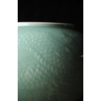 二代 宮川香山/真葛香山 清朝磁器 青磁雲龍文壷写し 龍文浮彫青磁花瓶　P333 