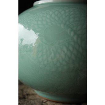 二代 宮川香山/真葛香山 清朝磁器 青磁雲龍文壷写し 龍文浮彫青磁花瓶　P333 