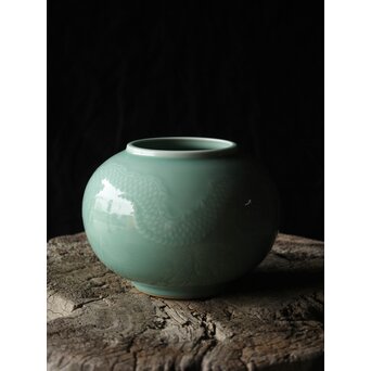 二代 宮川香山/真葛香山 清朝磁器 青磁雲龍文壷写し 龍文浮彫青磁花瓶　P333 