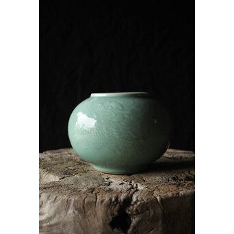 二代 宮川香山/真葛香山 清朝磁器 青磁雲龍文壷写し 龍文浮彫青磁花瓶　P333