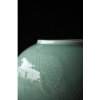 二代 宮川香山/真葛香山 清朝磁器 青磁雲龍文壷写し 龍文浮彫青磁花瓶　P333 