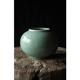 二代 宮川香山/真葛香山 清朝磁器 青磁雲龍文壷写し 龍文浮彫青磁花瓶　P333 