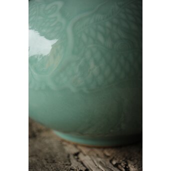 二代 宮川香山/真葛香山 清朝磁器 青磁雲龍文壷写し 龍文浮彫青磁花瓶　P333 