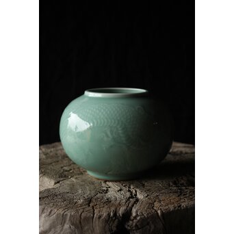 二代 宮川香山/真葛香山 清朝磁器 青磁雲龍文壷写し 龍文浮彫青磁花瓶　P333 