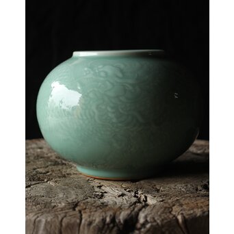 二代 宮川香山/真葛香山 清朝磁器 青磁雲龍文壷写し 龍文浮彫青磁花瓶　P333 