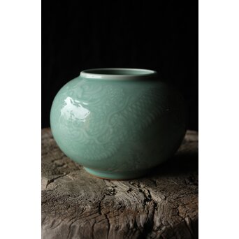 二代 宮川香山/真葛香山 清朝磁器 青磁雲龍文壷写し 龍文浮彫青磁花瓶　P333 