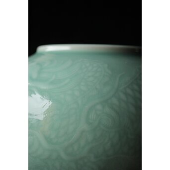 二代 宮川香山/真葛香山 清朝磁器 青磁雲龍文壷写し 龍文浮彫青磁花瓶　P333 