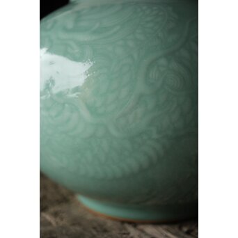 二代 宮川香山/真葛香山 清朝磁器 青磁雲龍文壷写し 龍文浮彫青磁花瓶　P333 