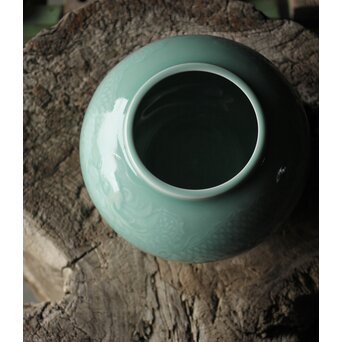 二代 宮川香山/真葛香山 清朝磁器 青磁雲龍文壷写し 龍文浮彫青磁花瓶　P333 