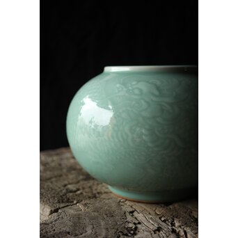 二代 宮川香山/真葛香山 清朝磁器 青磁雲龍文壷写し 龍文浮彫青磁花瓶　P333 