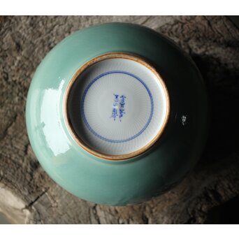 二代 宮川香山/真葛香山 清朝磁器 青磁雲龍文壷写し 龍文浮彫青磁花瓶　P333 