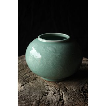 二代 宮川香山/真葛香山 清朝磁器 青磁雲龍文壷写し 龍文浮彫青磁花瓶　P333 